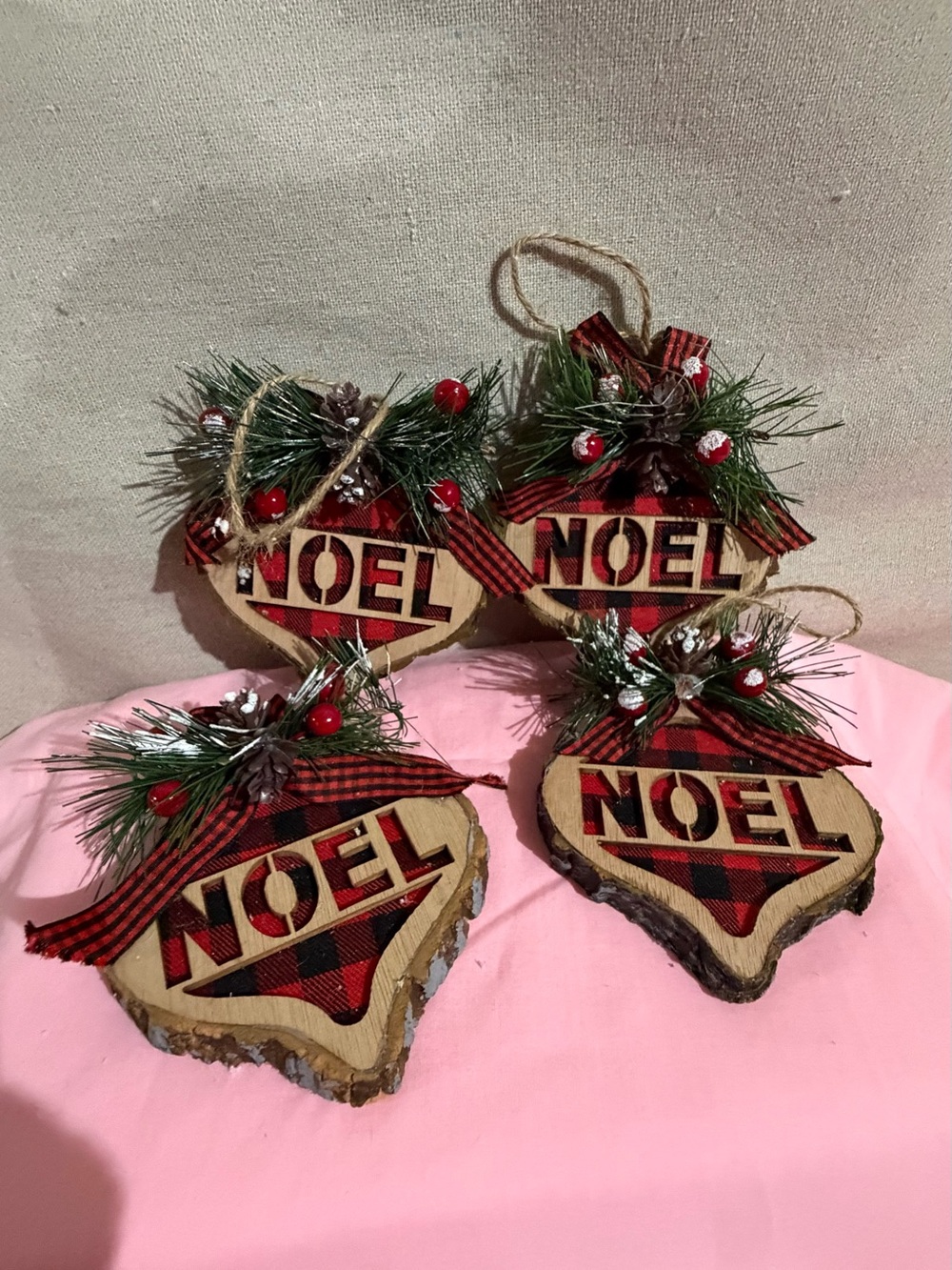 Rustic NOEL Wood Slice-Tree-Merry-Snow Flakes Ornaments with Red Buffalo Plaid